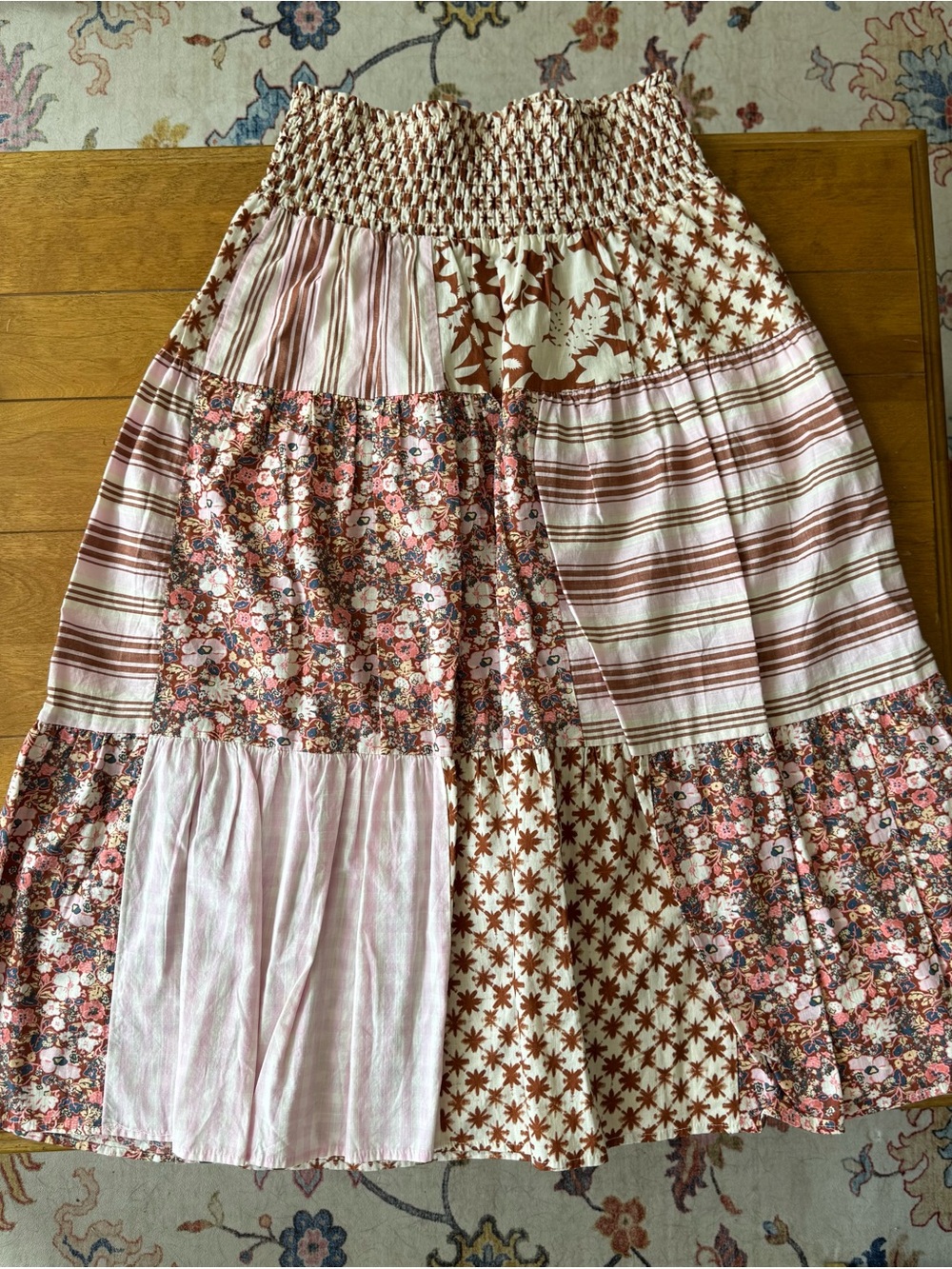 Universal Thread Patchwork Midi Skirt in Blush and Brown